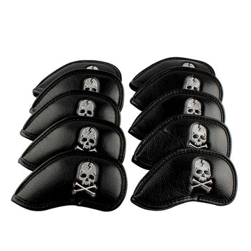 Silver Skull Black Leather Iron Head Covers Set 10pcs(3-9,Pw,Aw,Sw)-Craftsman Golf